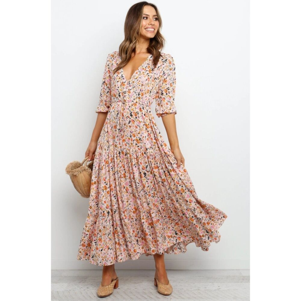 Petal + Pup Kelda Blush Floral Tiered Maxi Dress V-Neck Puff Sleeve Size L